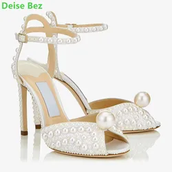 White Pearl Peep Toe Sandals For Women Luxury Designer Slingback Thin High Heel Shallow Elegant Ankle Strap Fashion Female Shoes