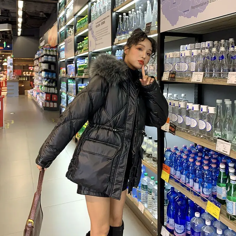 Female Winter Autumn Tops Coat Cotton-padded Clothes Fur Collar Glossy Hooded Thicken Warm Retro Simple Minority Versatile Thin