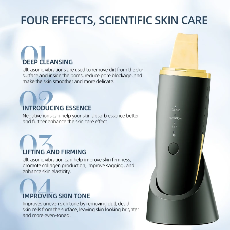 Nieuwe Ultrasone Huid Scrubber Trillingen Gezicht Spatel Comedondrukker Schop Schoon Cavitatie Peeling Facial Lifting EMS Machine