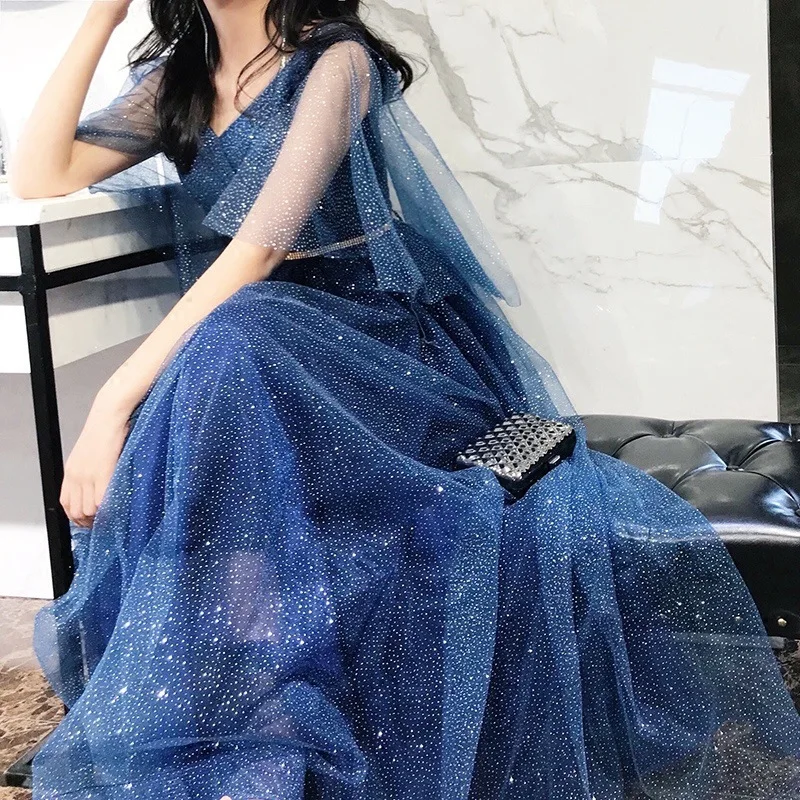 

Luxury Shiny Long Women Evening Gown V-Neck Floor-Length Elegant Banquet Dress Wedding Lace-Up Tulle Prom Party Dresses Blue Red