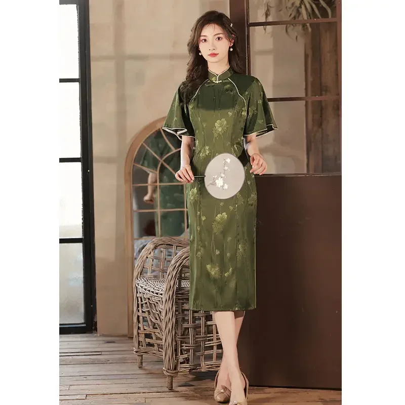 

Deep Green Cheongsam 2022 New Retro Temperament Elegant Long Improved High-end Dress Girl Summer Women Qipao Dress