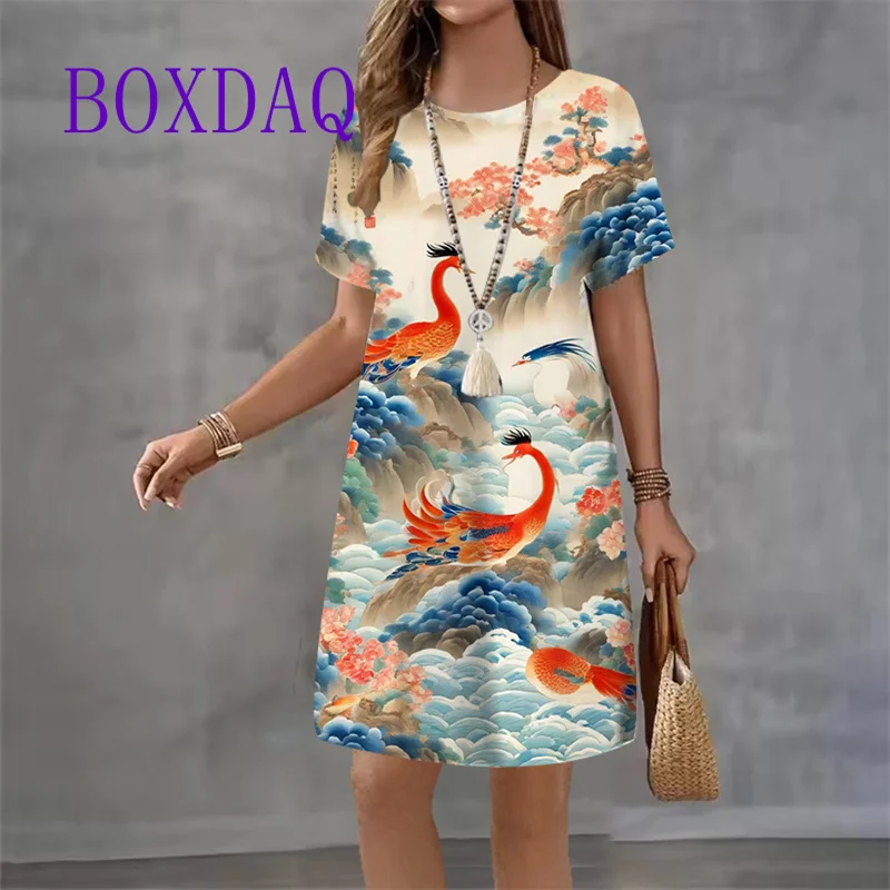 Vintage Classic 3D Ink Painting Printing Women Dress 2025 Short Sleeve Landscape patterns Dress O-Neck Loose Casual Mini Dresses