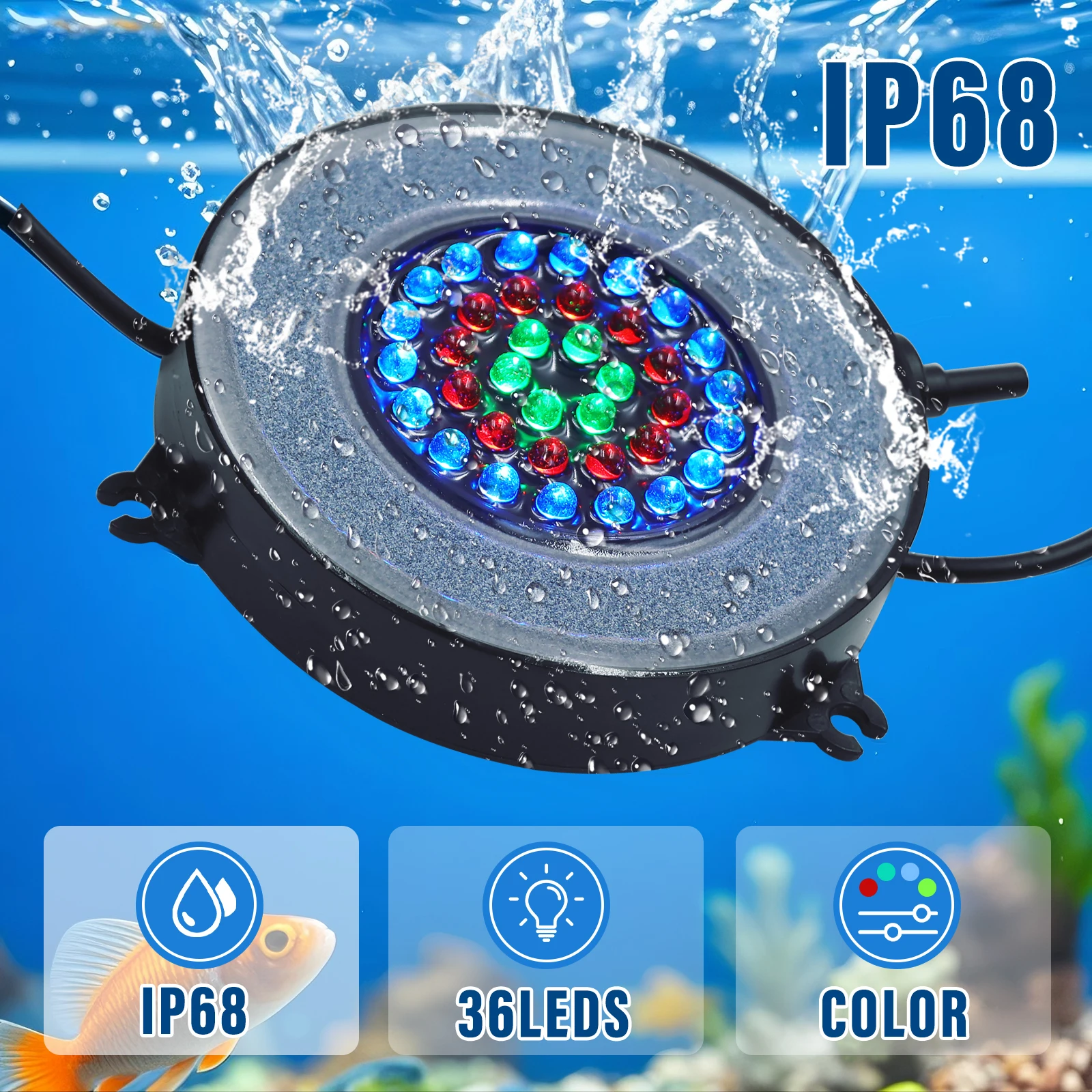 IP68 Waterproof RGB LED Underwater Light 36LEDs DC12V Fish Tank Aquascaping Oxygenated Bubble Lamp 21K 24K 40K Remote Control