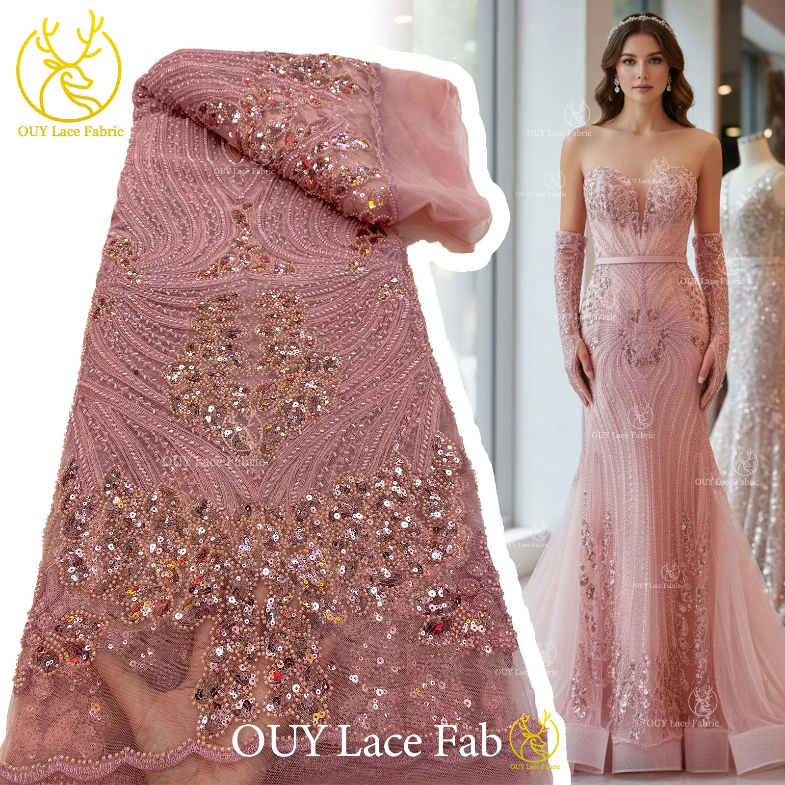 

Elegant French Embroidery Beaded Lace Fabric 2026 High Quality African Sequins Lace Fabric For Nigerian Wedding Dress Sewing