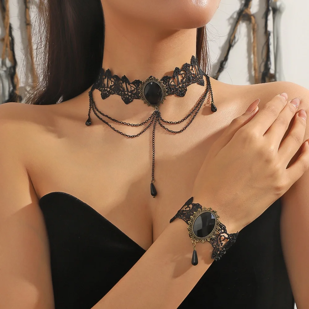 Gothic Jewelry Set Hollow Lace Choker Necklace Earring Bracelet Set Elegant Skull Rose Jewelry Set For Halloween Gifts For Dress