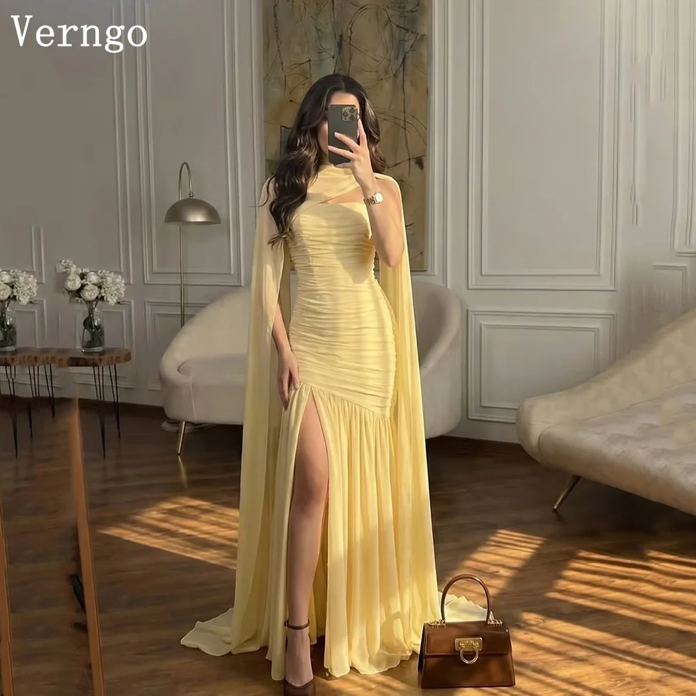 

Verngo желтый шифон элегантные платья для выпускного вечера шаль с высоким воротом трапециевидной формы платья для торжественных случаев современное вечернее платье по индивидуальному заказу