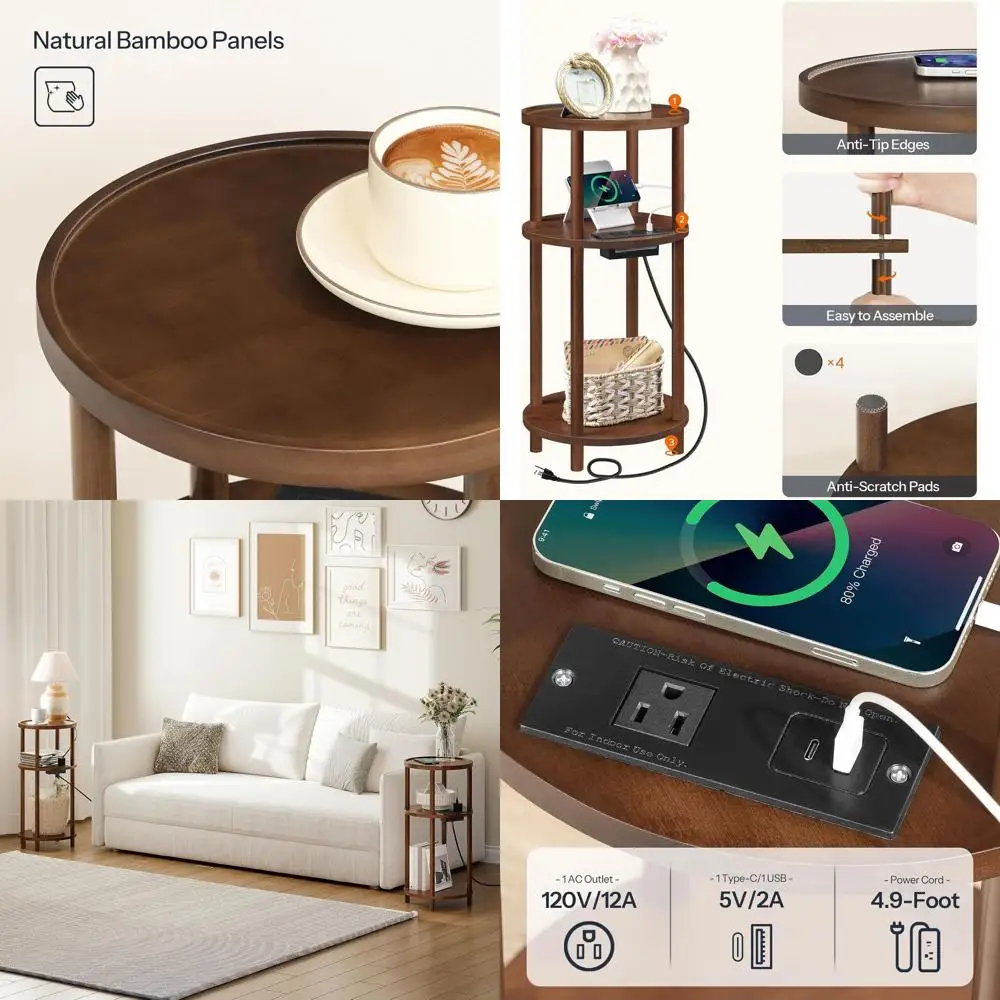 

Set of 2 Small Round Side Tables with Charging Stations, 3-Tier Bamboo End Tables, Compact Sofa Bedside Tables, Easy Assembly, S