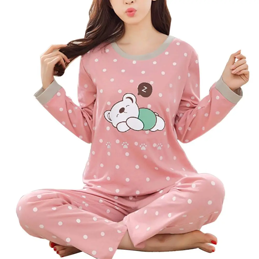 

Women Cartoon Animal Print O Neck Top Long Pants Pajamas Sleepwear Set Long-sleeve Cardigan Female Soft Home Pijama Mujer Verano