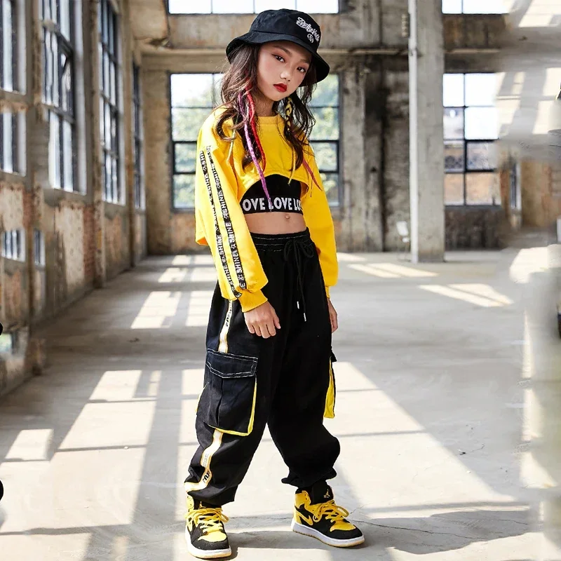 Ensemble de vêtements de danse de salon pour enfants, vêtements de scène Rave, vêtements hip hop pour filles, costume de danse de rue jazz, sweat-shirt et pantalon pour enfants