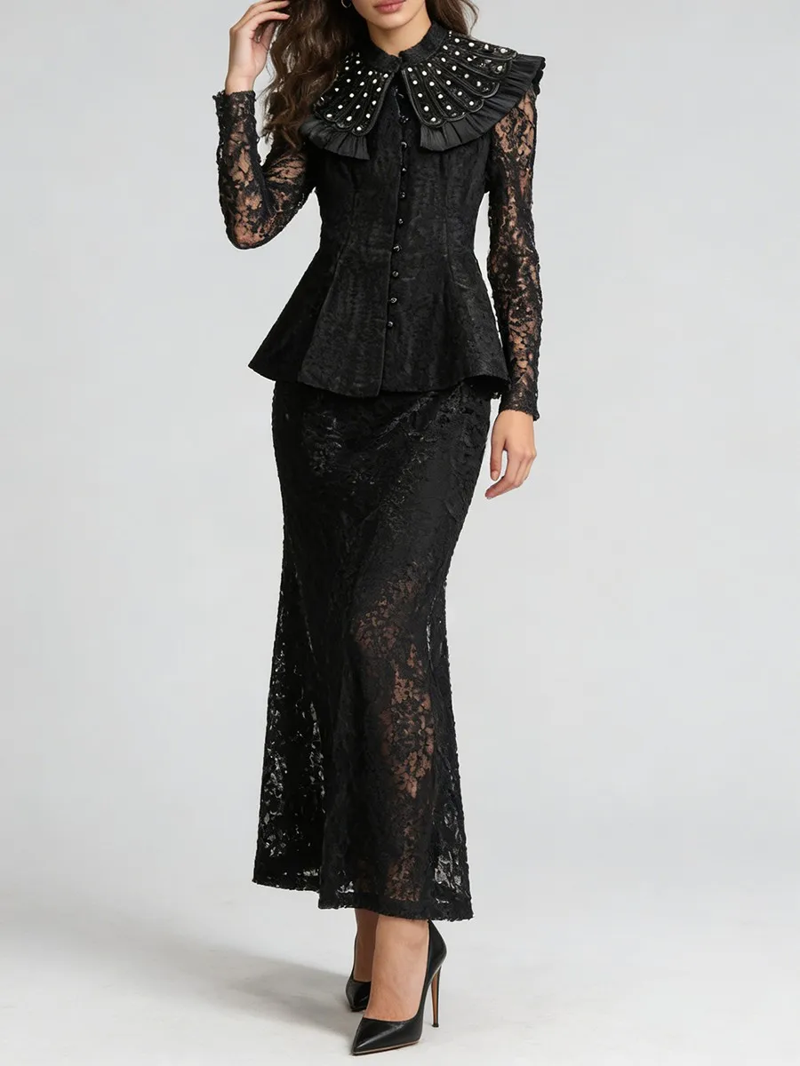 TWOTWINSTYLE Solid Spliced Lace Two Piece Sets for Women Round Neck Long Sleeves Tunic Top High Waist Skirt Sets Female Clothing image 3