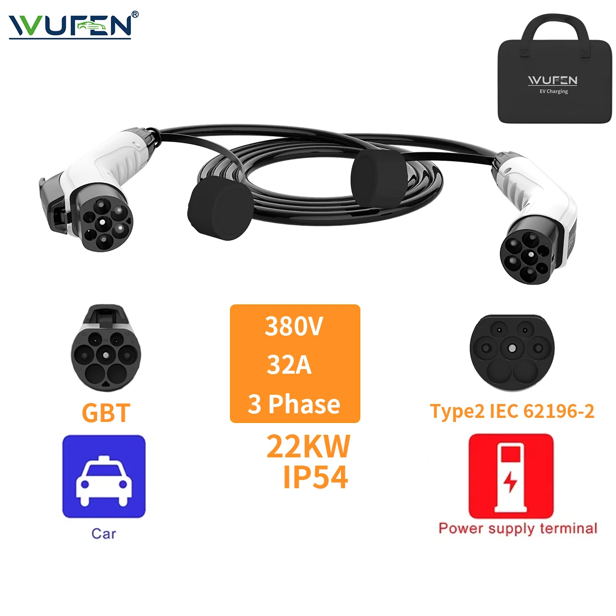 WUFEN 16A/32A 3.5/7/11/22kW نوع 2 إلى GBT كابل شحن محمول IEC 62196-2 شاحن للمركبات الكهربائية محطة عامة للسيارات