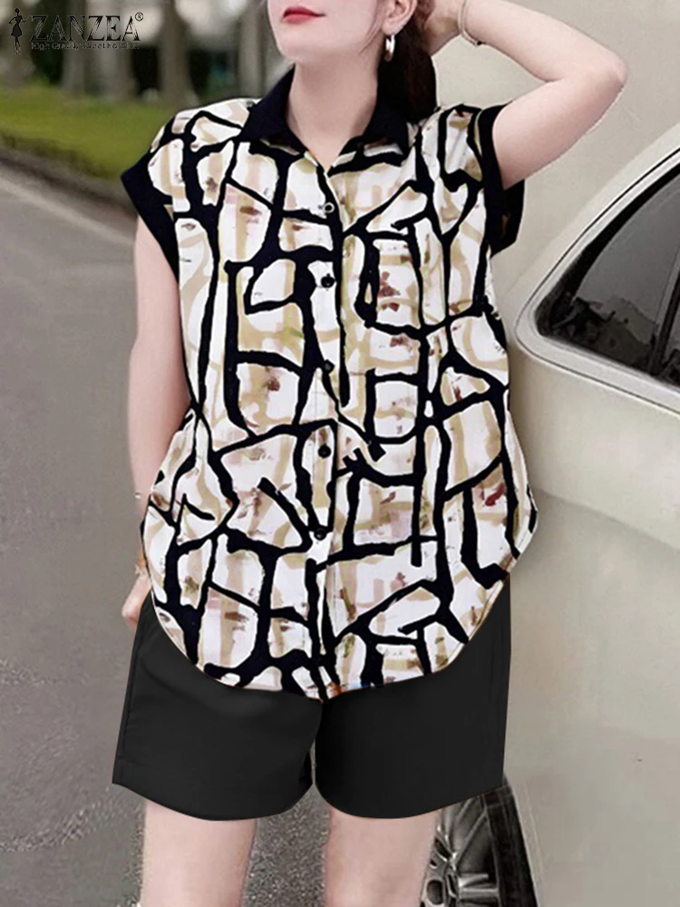 Frauen Kurze Sets ZANZEA Sommer 2025 Vintage Gedruckt Zwei-stück Outfits Mode 2 stücke Revers Kurzarm Top und shorts Casual Sets