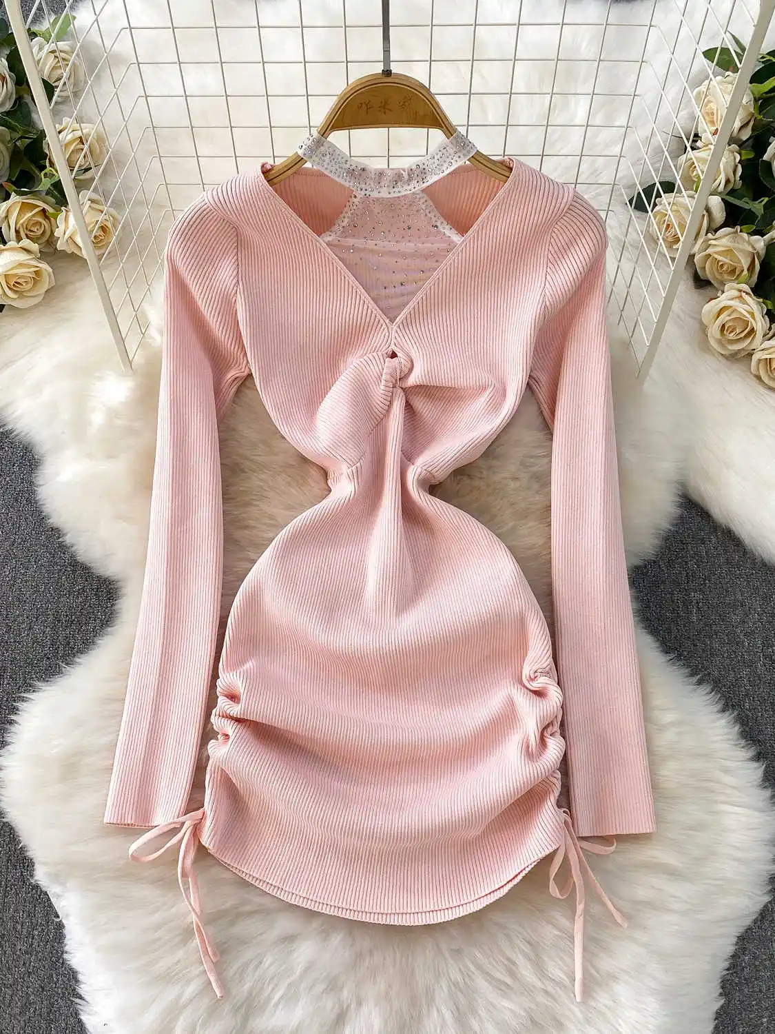 

Женское розовое вечернее мини-платье Элегантное роскошное трикотажное платье с длинным рукавом и v-образным вырезом Винтажное платье для дня рождения Y2k Цельные платья