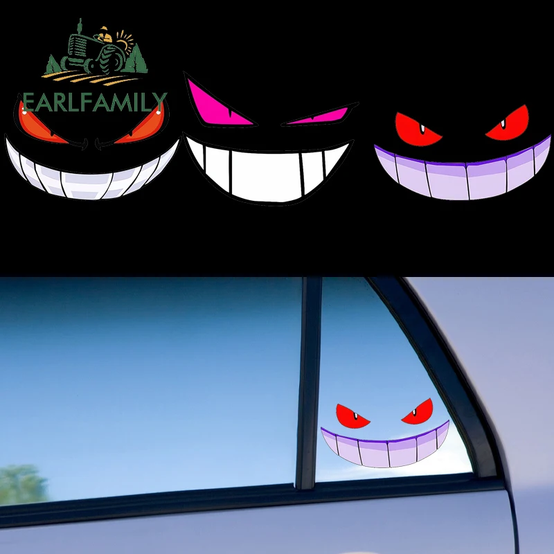 EARLFAMILY Evil Demon Red Eyes Expression Car Stickers Grin with Exposed Teeth Accessories Decal Surfboard Trunk Car Styling