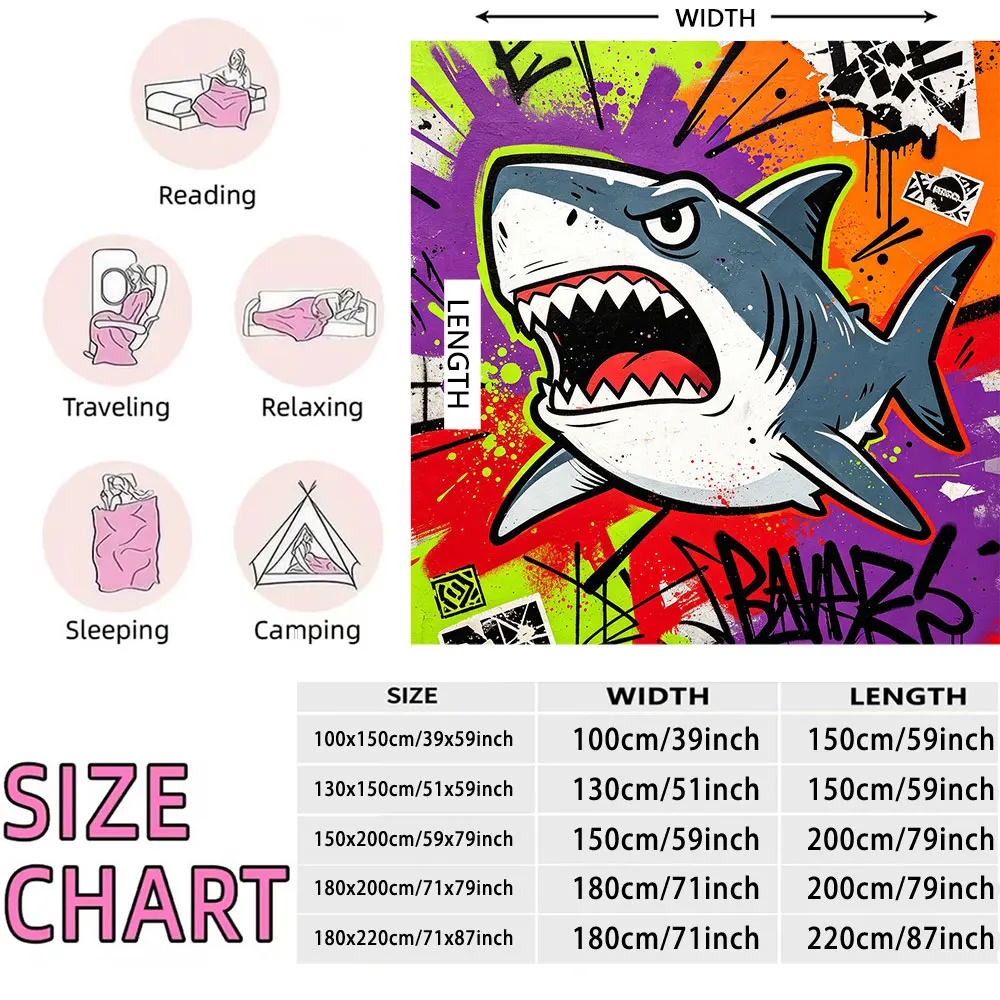 Graffiti Shark Streetwear Printed Flannel Blanket Trendy Cool Hip Hop Style Soft Warm Throw Blanket