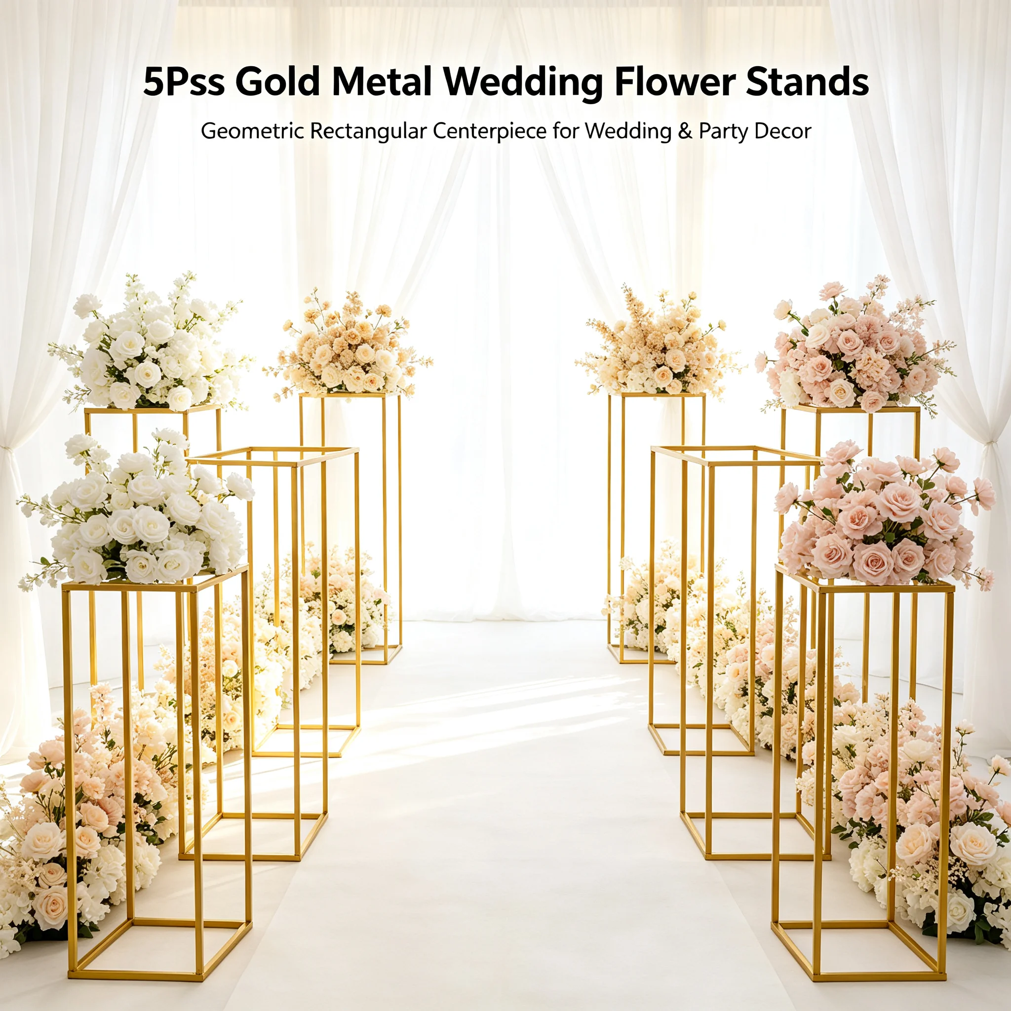 5Pcs Metal Flower Stands Wedding Flower Stand, Rectangular Flower Display Rack for Home Party Wedding Decor, Gold Iron Stand 23.62in Tall Centerpiece Set of 5