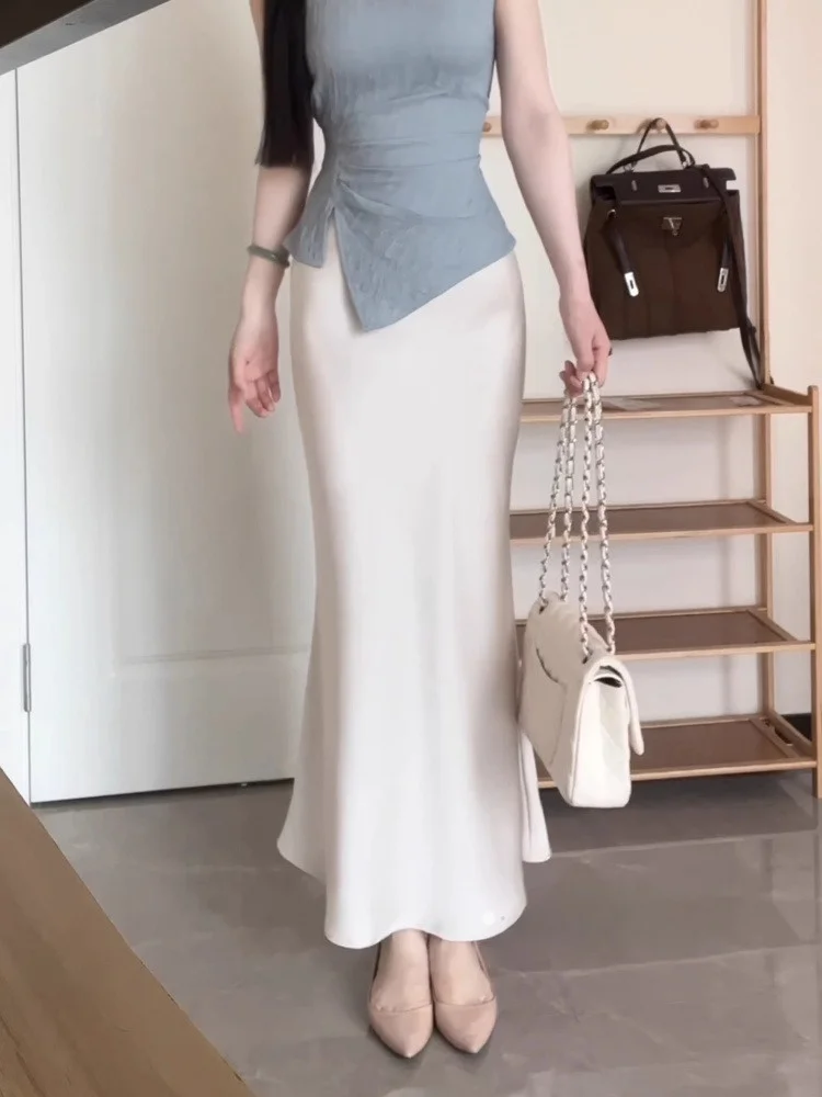 

Ele Ацетатная атласная юбка длиной до пола. Женская модная универсальная длинная юбка с запахом и фи-хвостом на осень 2023 г.