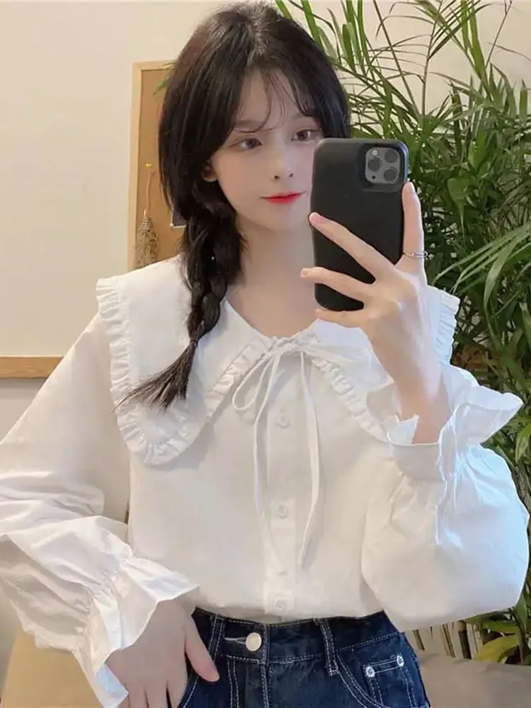 

Casual Preppy Style Sweet Shirt Women Loose Long Sleeve Peter Pan Collar White Blouse Design Lace Up Japan Elegant Tops