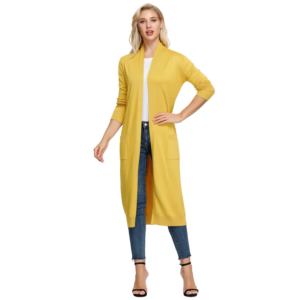 

GK Women's Long Knitted Coat Causal Fashion Knitwear With Pockets Long Sleeve Open Front Solid Vintage Office Lady Outerwear