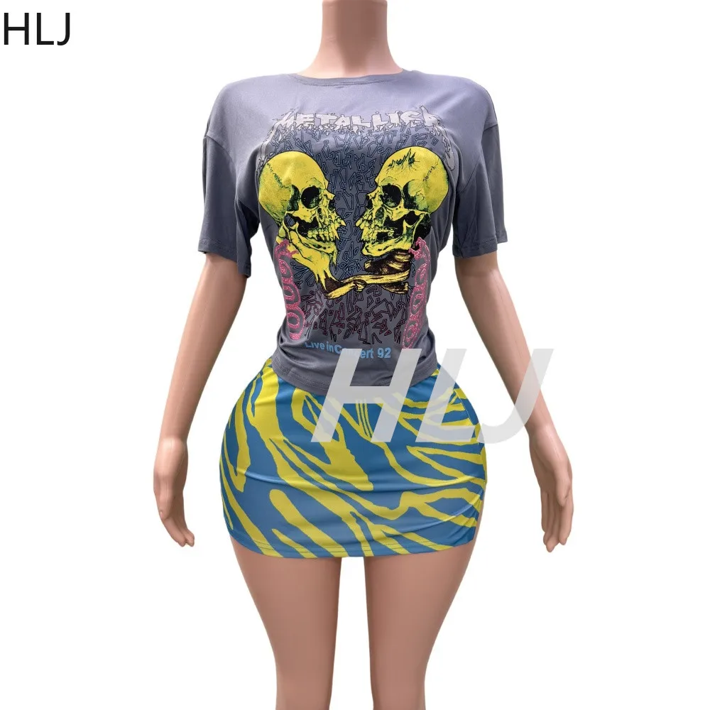 HLJ Pattern Printing Y2K Mini Skirts Two Piece Sets Women Round Neck Short Sleeve Top And Skirts Outfit Fashion Trend Streetwear