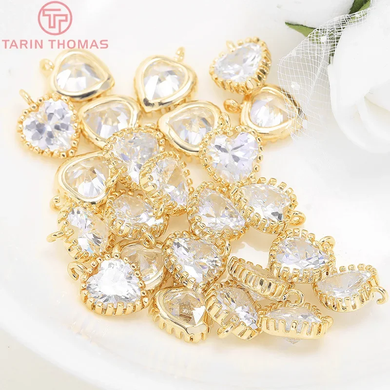 

(986)4PCS 8.5x11MM 24K Gold Color Plated Brass with Zircon Heart Charms Pendants High Quality Diy Jewelry Accessories