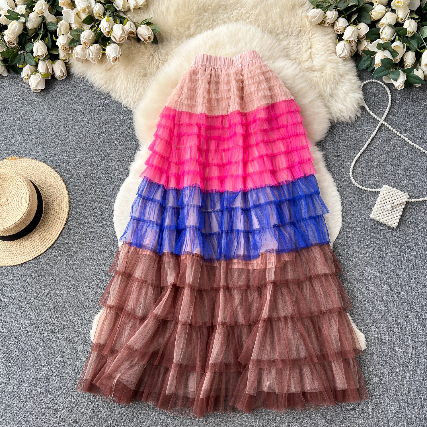 Women  Chic Pleated Asymmetric Gradient Tiered Skirt High Waist Elegant Korean Fashion  A-line  Skirt Casual Summer Clothing