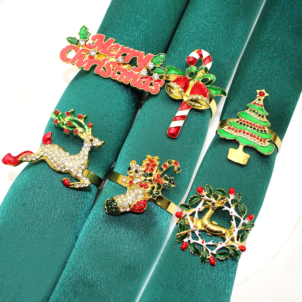 6Pcs Gold Christmas Napkin Ring Set Xmas Tree Wreath Candy Cane Snowman Socks Elk Napkin Holder for Christmas Party Table Decor