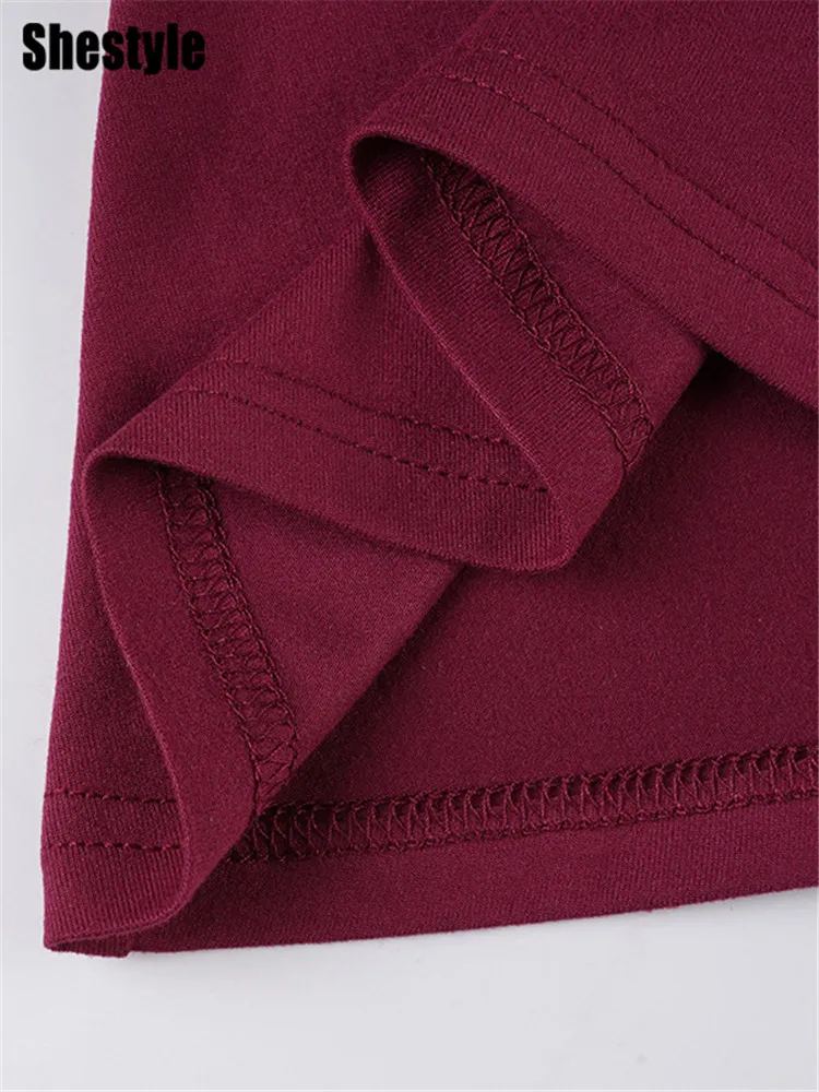 Shestyle claret a linha vestido longo feminino vermelho fino manga cheia sólido elegante simples macio confortável roupa meia alta pescoço novo