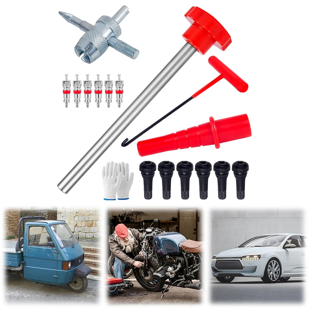 타이어 밸브 코어 빠른 교체 도구 키트 (6개 TR413 밸브 포함) - 자동차, ATV, 트럭의 누출 밸브 교체용 4방향 밸브 도구