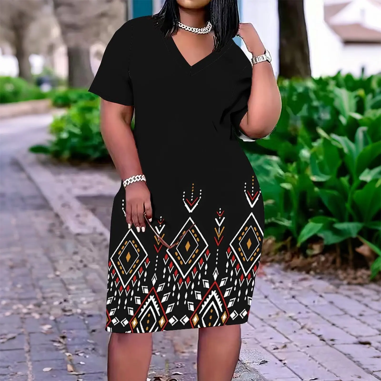Ladies Sexy V-neck Printed Dress Daily Wear Plus Size Summer Mini Skirt Women's Commuting Casual Short-sleeved Skirt