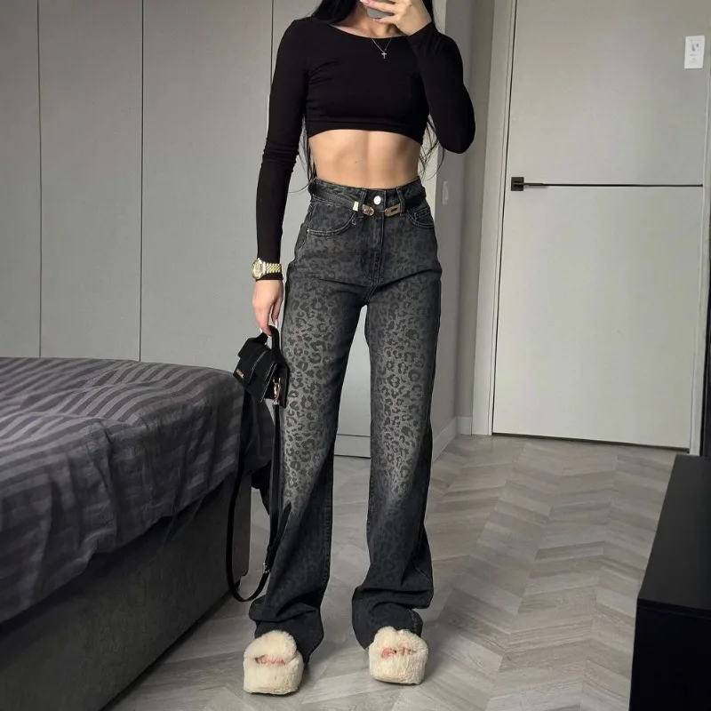 New Spring Autumn 2026 Leopard Print High-waisted Jeans Women  Long  Casual Slightly Flared Floor-length Women Pants