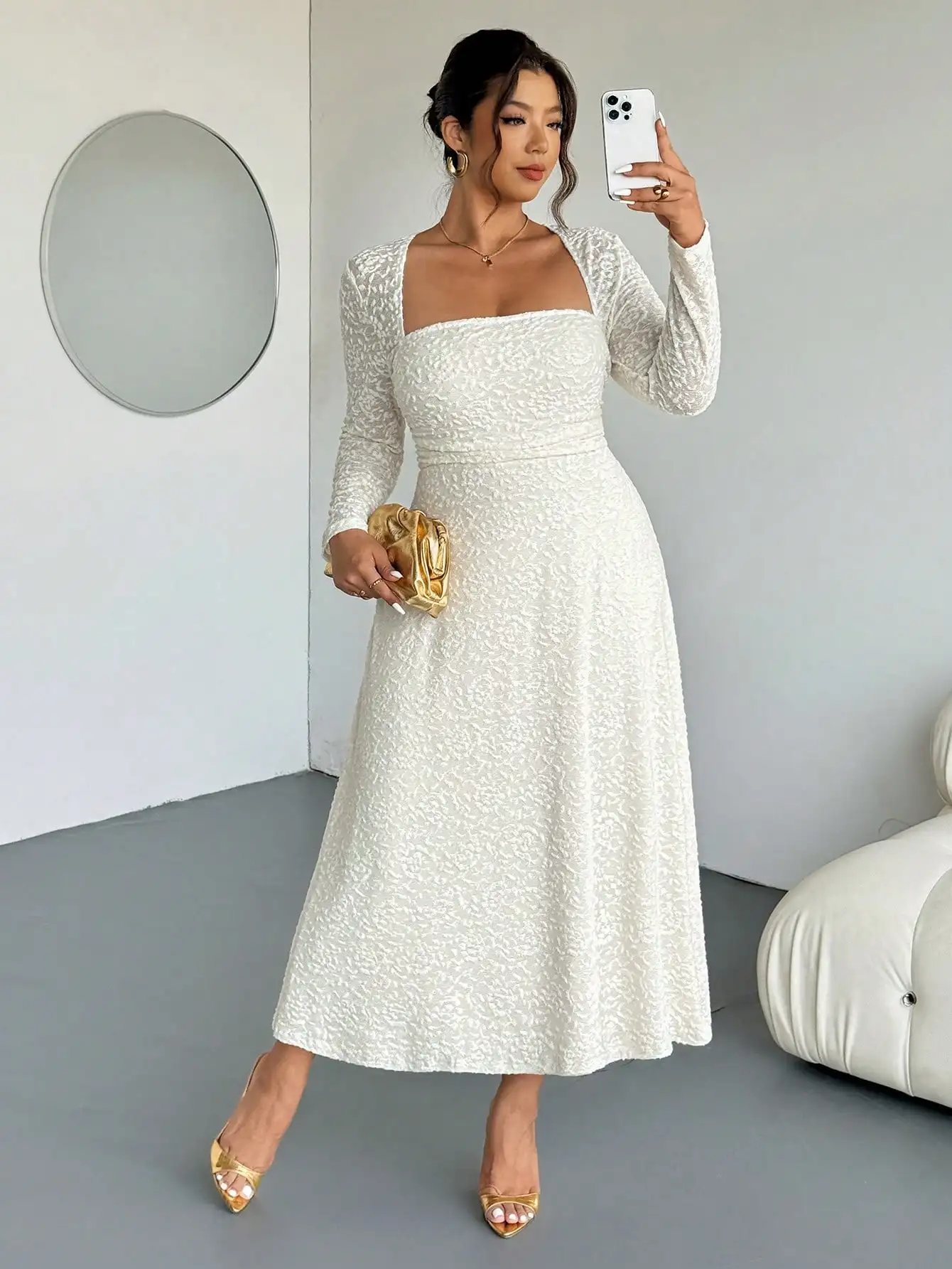 

Elegant White Textured Square Neck Long Sleeve Midi Dress with Waist Cinch