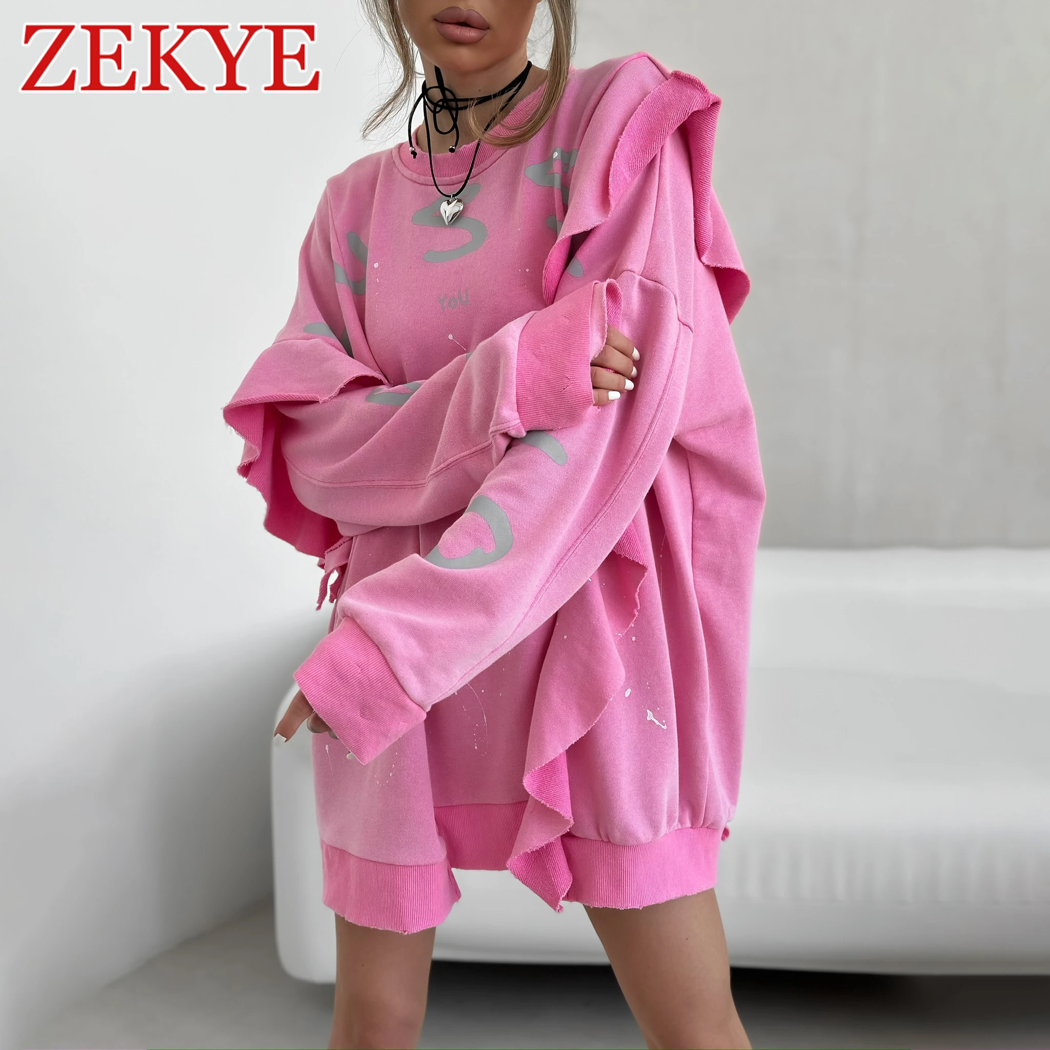 

Zekye Ruffles Patchwork Cute Crewneck Sweatshirt Aesthetic Letter Printed Pink Oversized Hoodie Cotton Long Sleeve Fashion Top