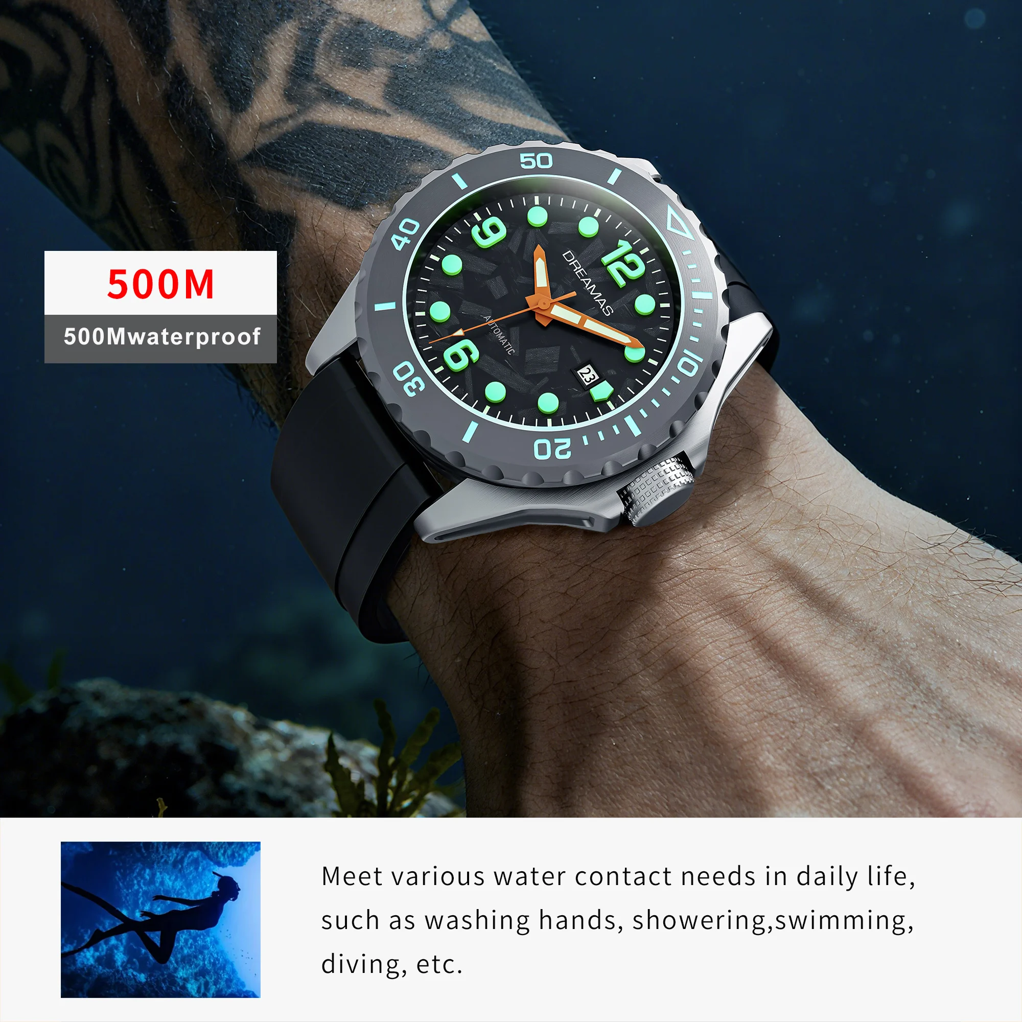DREAMAS Herren Mechanische Uhr Titanlegierung Taucheruhr Schweizer 3D Super Leuchtend 500m Wasserdicht Automatikuhr DMS7350 – Detail 13