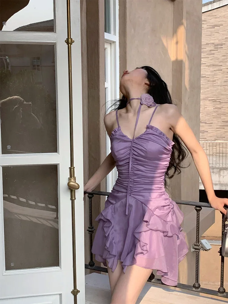 

2025 Summer Women's Dress Sexy Fashion Suspender Short Irregular Skirt Dress Purple Shoulder Backless Chiffon Dresses for Women