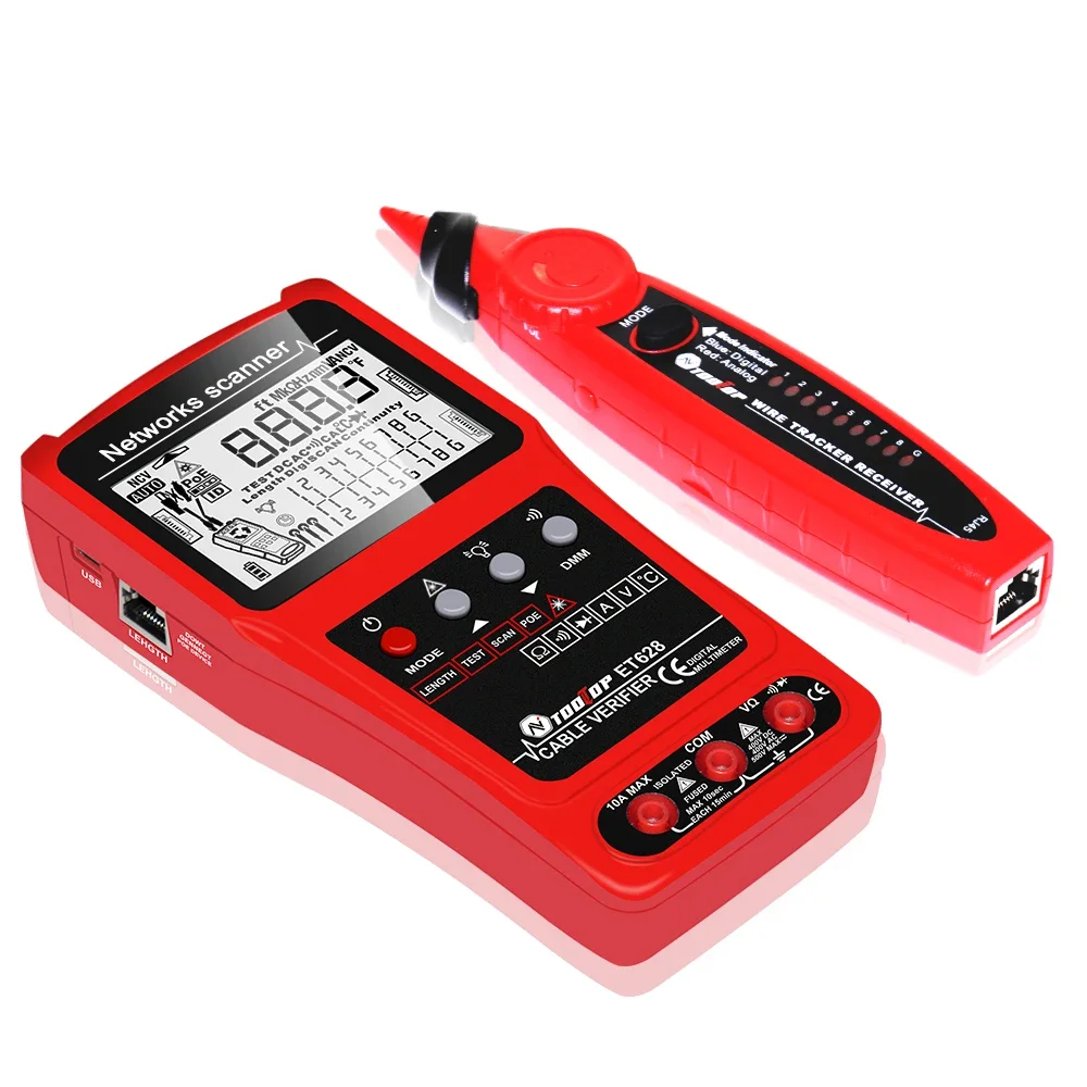 TOOLTOP ET628 LAN Cable Tester 10KM Visual Fault Locator Multimeter 3 in 1 LAN  Length Measure Anti-noise Line Tracker POE Test