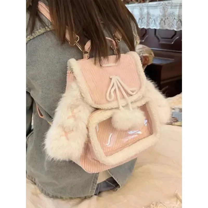 

Xiuya Pink Small Backpacks for Women Rabbit Ears Cute Corduroy Lolita Jk Ita Bag Transparent Plush Kawaii Female Aesthetic Bags