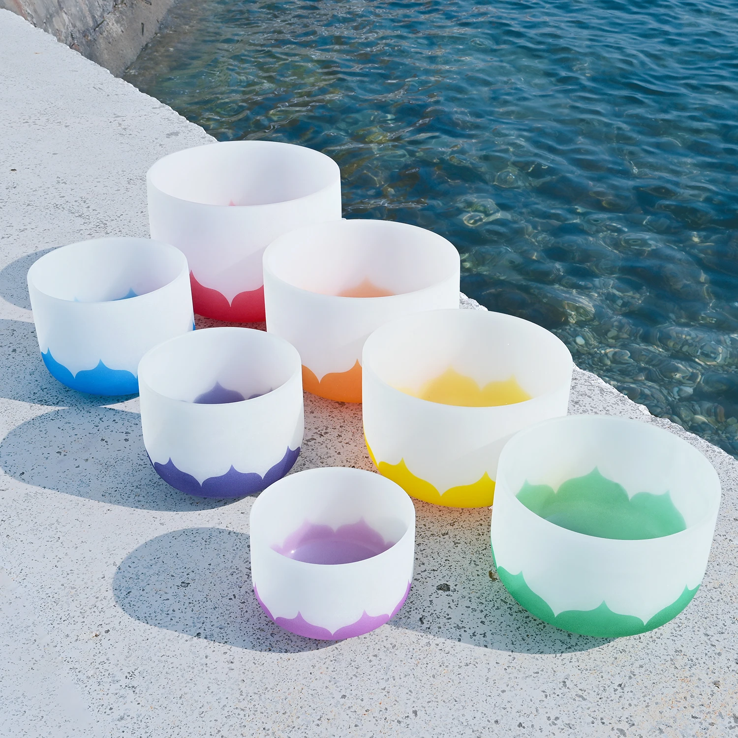 YUN QI QING YIN 7Pcs Lotus Frosted Chakra Crystal Singing Bowl Set 8-14 Inch 432Hz 440Hz Optional With Carry Bags Sound Bath Relax Spiritual Healing Meditation Bowl Pack