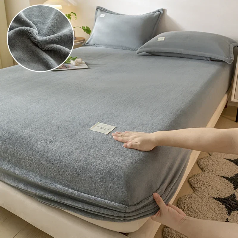 Soft Warm Velvet Fitted Sheet with Elastic Band Bed Fitted Sheet Padded Mattress Cover Winter Warm Mattress Cover for Bedroom