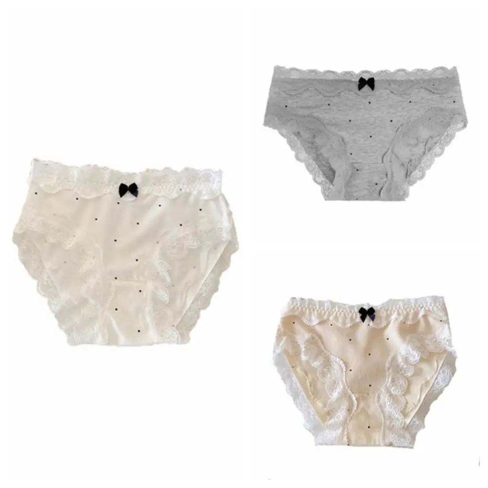 Bragas con lazo de encaje de lunares simples para mujer y niña, calzoncillos sin costuras con entrepierna de algodón dulce, ropa interior de cintura media, 3 uds.