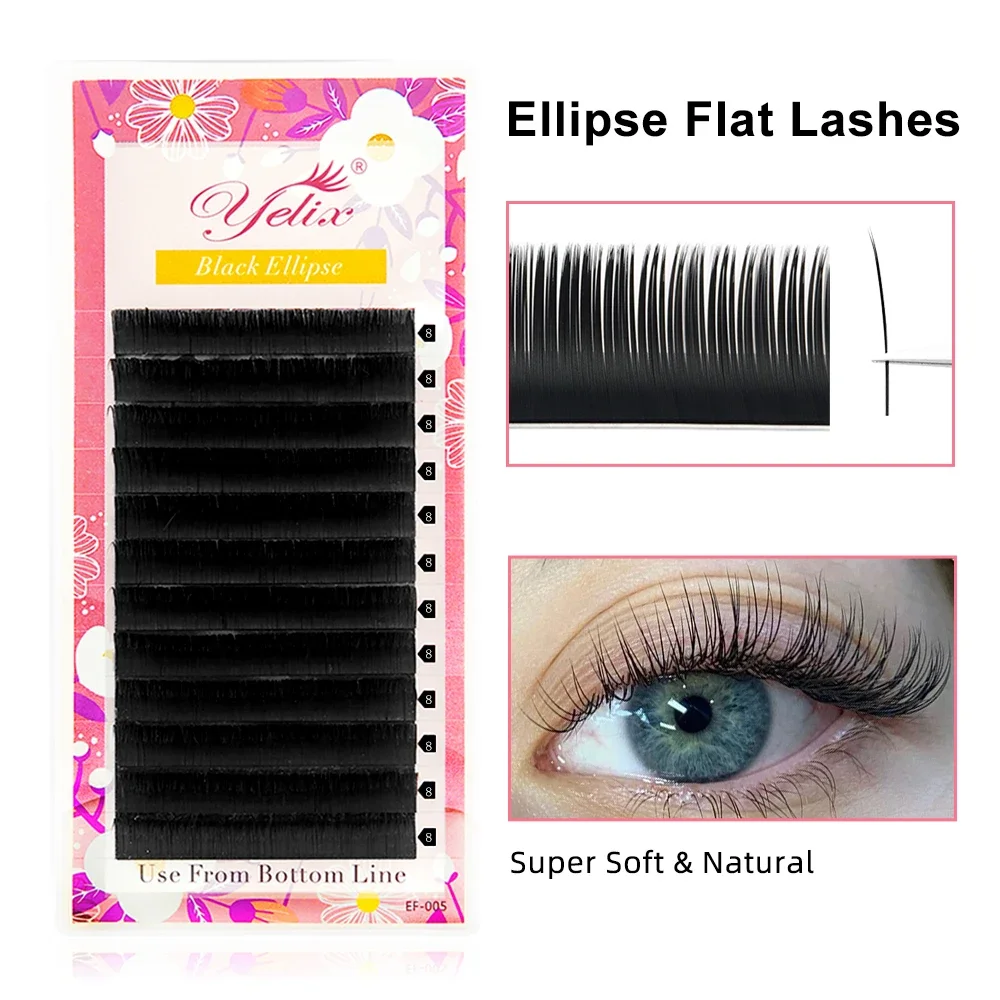 Yelix Cils Ellipse Flat Lashes Mix Soft Two Split-tips Dark Black Eyelash Extension Cashmere Eyelashes Lash Extension Supplies