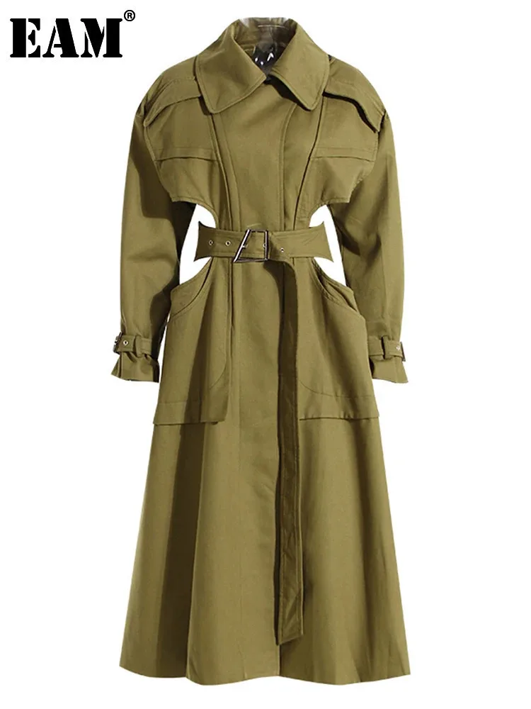 

[EAM] Women Army Green Waist Hollow Out Long Trench New Lapel Long Sleeve Windbreaker Fashion Tide Spring Autumn 2024 1DH0580