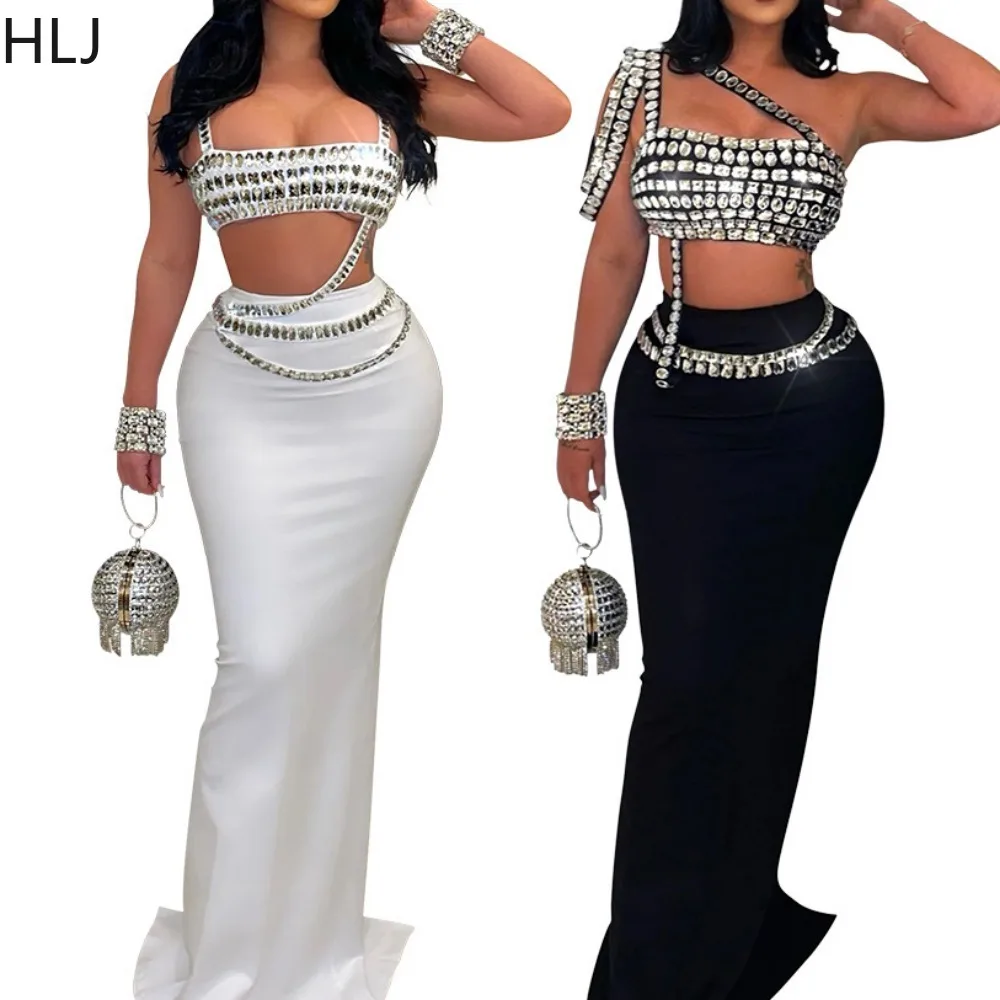 HLJ Fashion One Shoulder Rhinestone Skinny Skirts Two Piece Sets Women Sleeveless Backless Top And Skirts Outfit Female Clothing