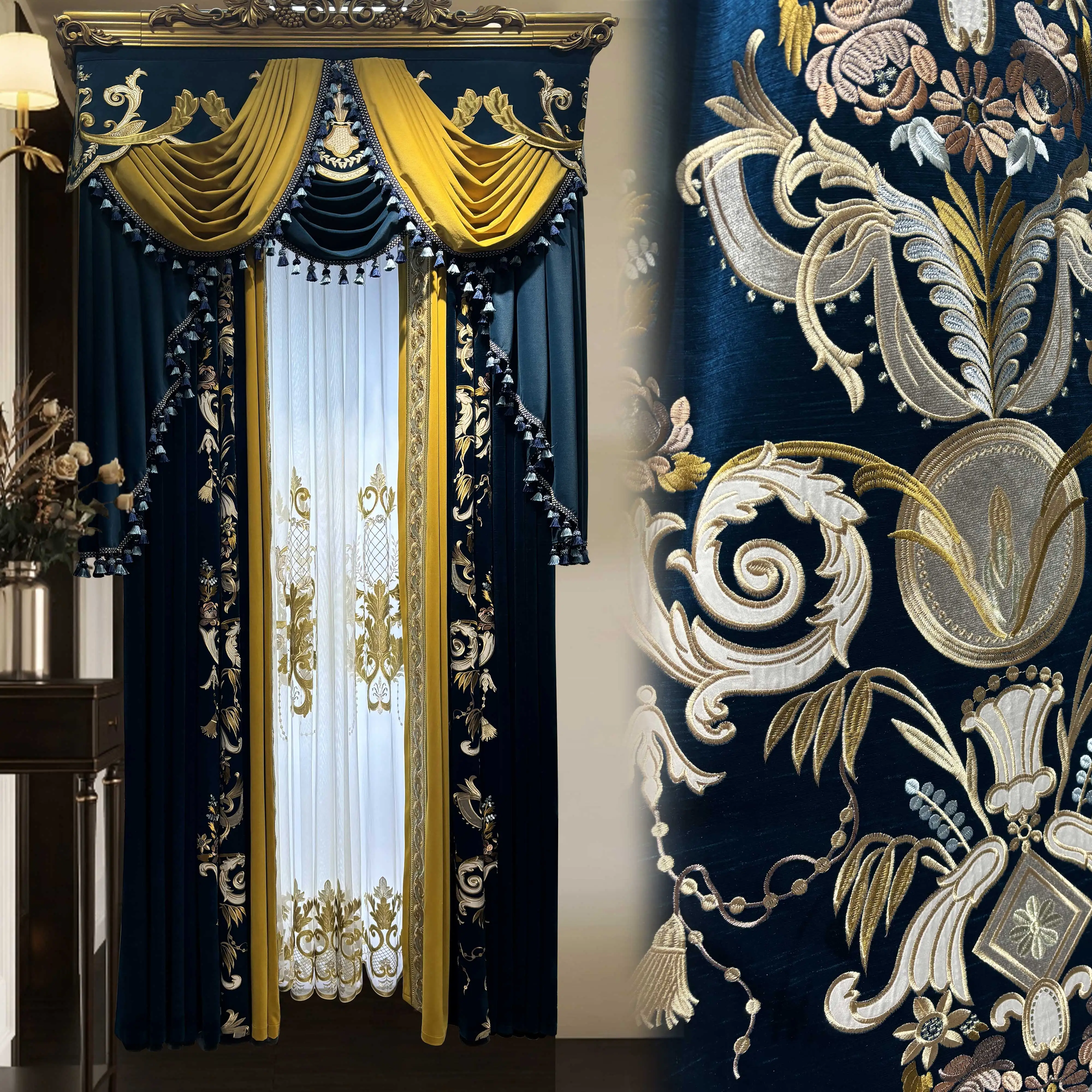 Custom luxury retro European embroidery texture chenille living room lace blue blackout curtain tulle valance drape M1817