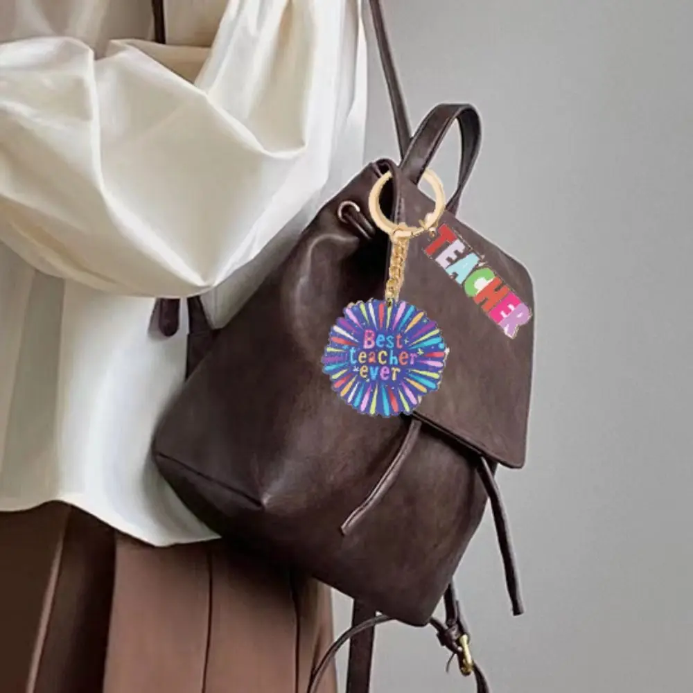 

Wooden Teacher's Day Keychain Geometric Shape Charm Text Keychain Pendant English Letter Rainbow Pen Holder Key Ring