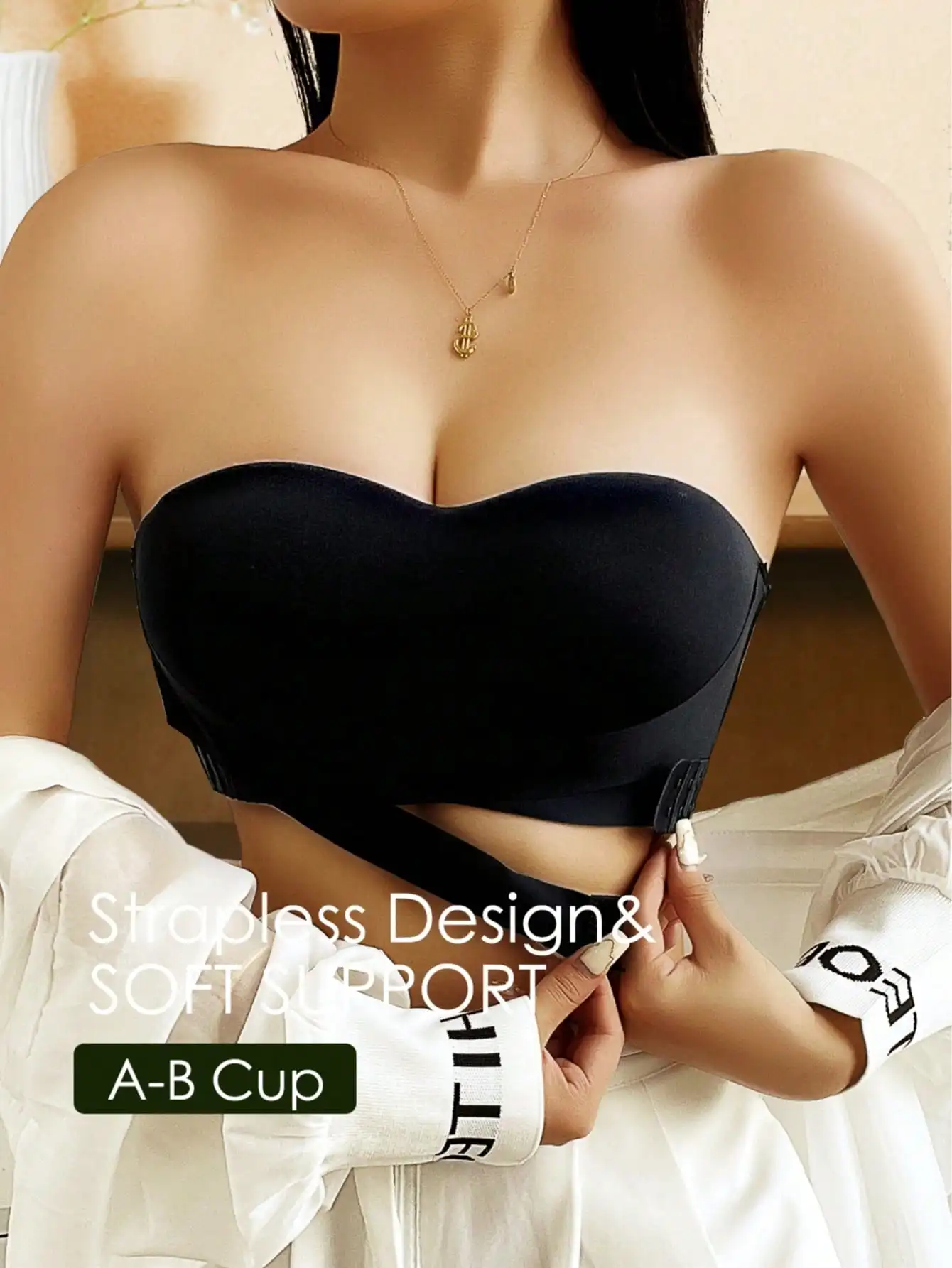 

Black Strapless Push-Up Bra with Front Closure, Soft Support for A-B Cup