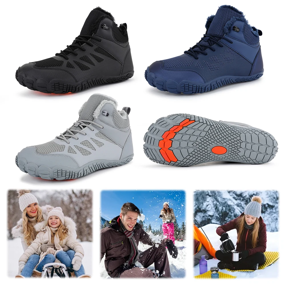 Zapatos descalzos para hombre y mujer, Botas de senderismo impermeables, botas de nieve de invierno con forro de piel, zapatos antideslizantes para caminar, botines para exteriores