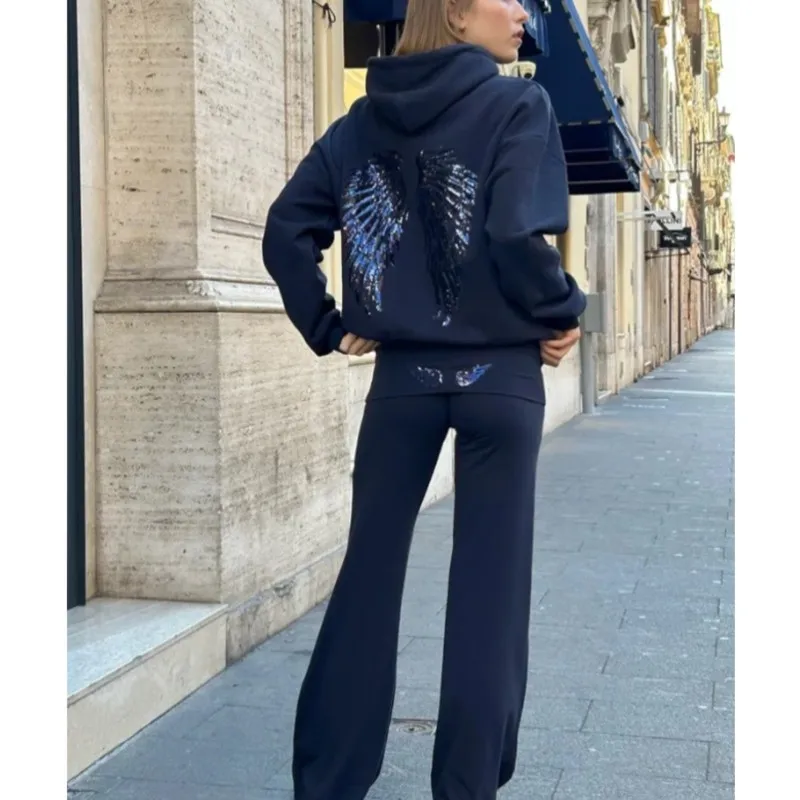 Women's sequined wing hooded sweatshirt long sleeved hooded sweatshirt flared pants printed sportswear streetwear set