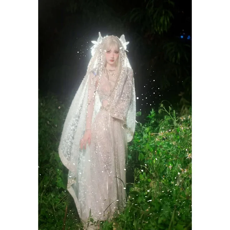 Women's Halloween Cosplay Costume Forest Fairy Flower Fairy Play Costume Goddess Clothes white Winged Dress Anime Show Garment