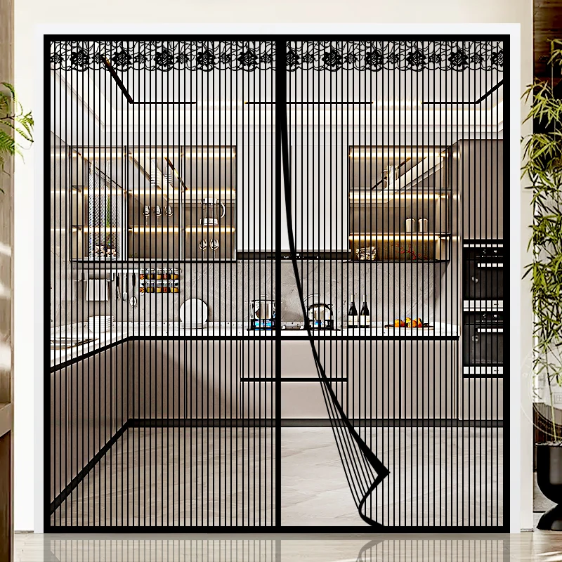 Extra Large Summer Black Striped Magnetic Screen Door Mesh Curtain for Home, No Drilling Required, Mosquito Proof Breathable Sof